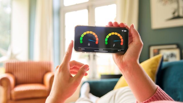 A woman looking at a home energy usage app on her phone.