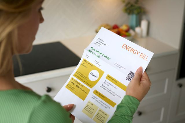 A person examines an energy bill, highlighting costs and payment details in a bright kitchen setting.