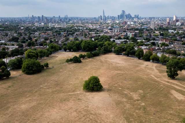 A dry field overlooking a city.