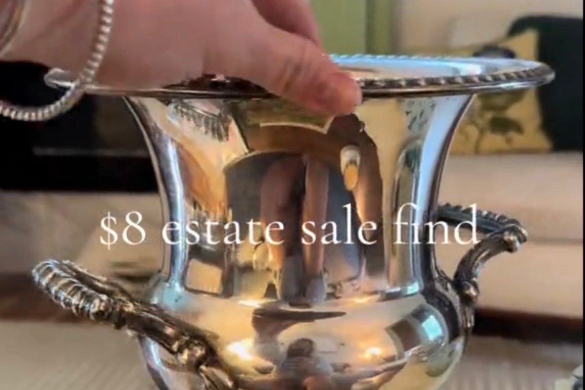 A person showcasing a silver Champagne bucket with ornate handles.