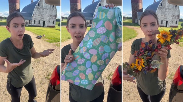 A person showing off items from an estate sale.