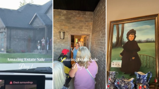 A collage showing guests arriving at an estate sale, a homeowner greeting visitors, and a vintage portrait with decorative items.