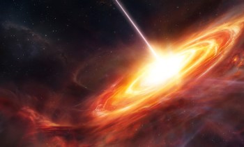 A depiction of a quasar with a brilliant white center.