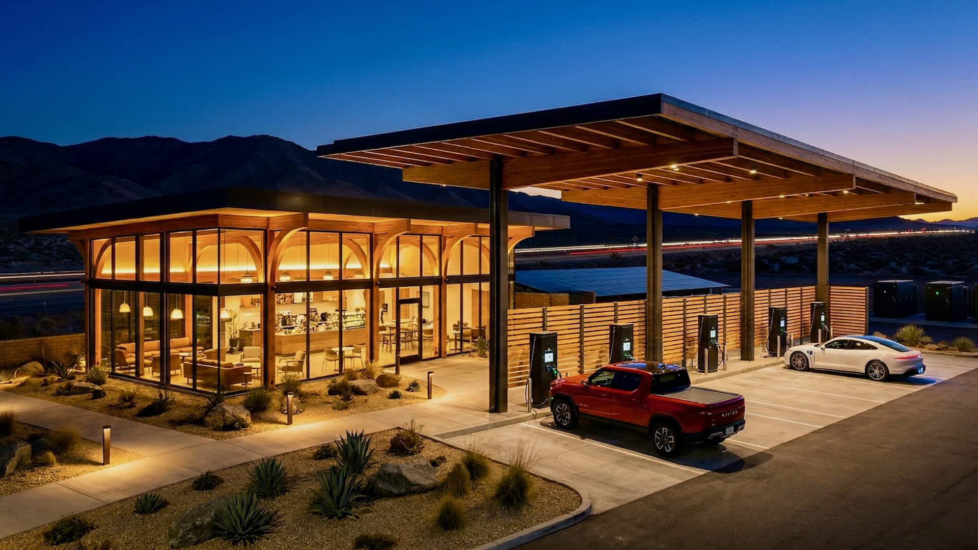 Missouri, a new EV charging concept pairs covered stalls, indoor lounges, and lodging
