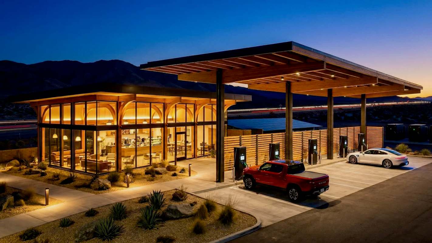 A modern electric vehicle charging station with a sleek wooden structure and illuminated lounge area at dusk.