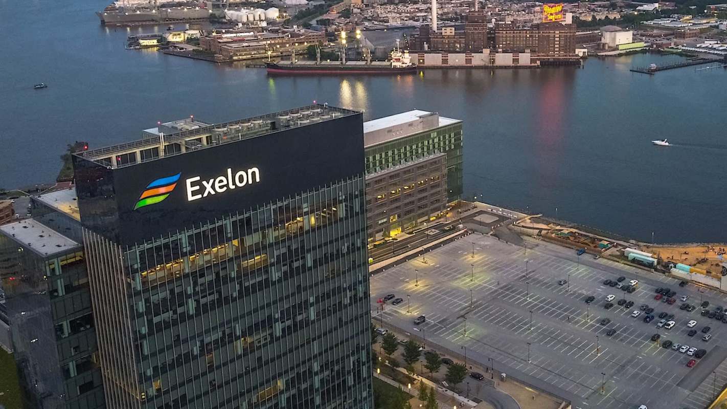 An Exelon building beside a harbor.