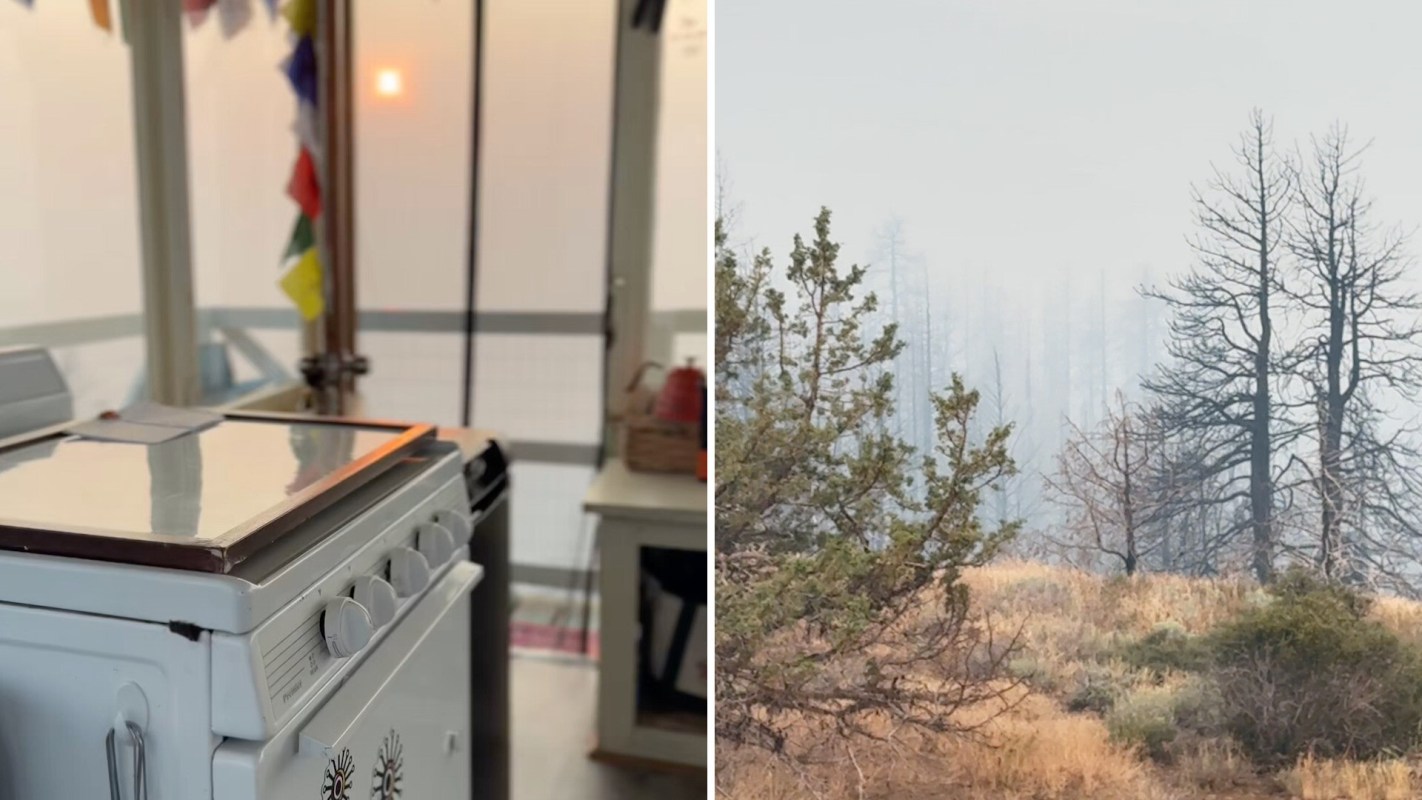 A kitchen stove and window with visible smoke and a hazy landscape of burnt trees outside.