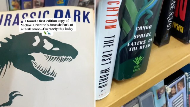 A first-edition "Jurassic Park" book and other books in a thrift store.