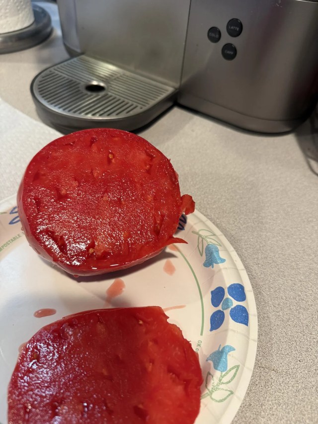A large, deep red tomato sliced in half.