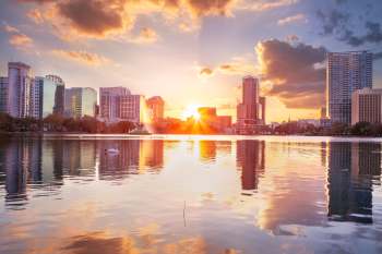 A sunset over a city skyline with reflecting water and swans in the foreground.