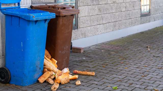 Two trash bins, one blue and one brown, overflow with discarded bread on a paved surface next to a building.