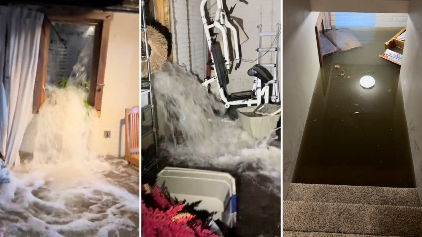 Three images depict severe flooding: water flowing from a window, flooding in a gym area, and a flooded stairwell.