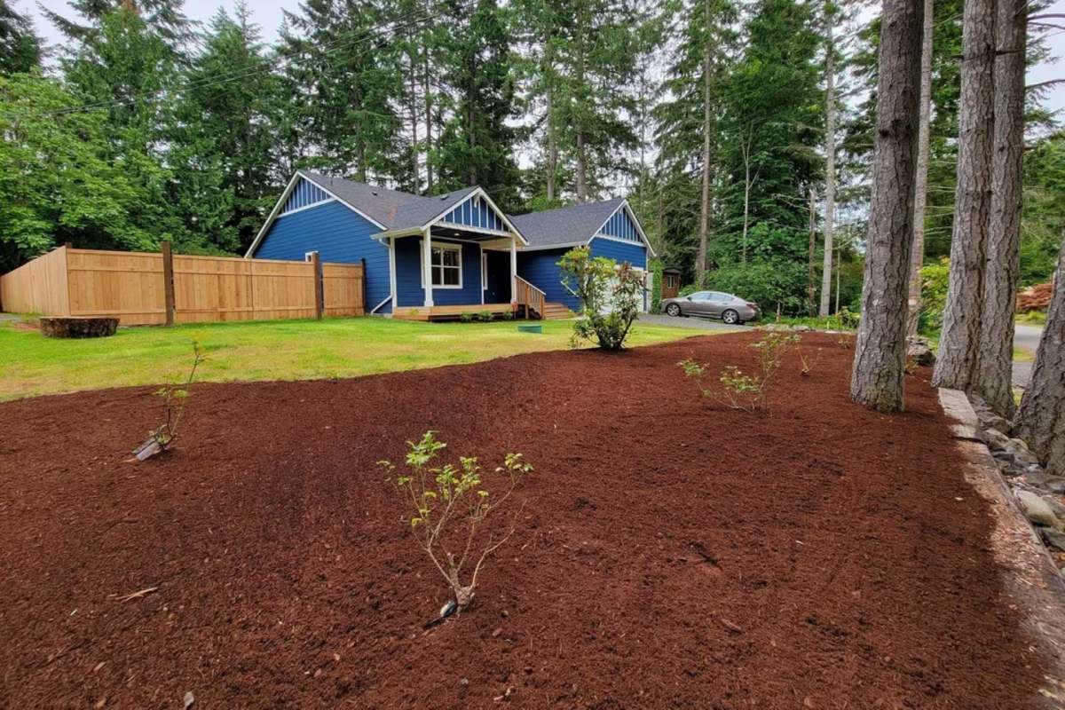 A blue house surrounded by freshly mulched landscaping.