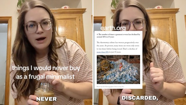 A woman talks about minimalism while holding a jar, with an article about textile waste displayed beside her.