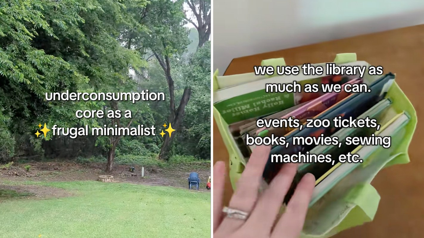 A collage of a backyard with trees and a close-up of a basket filled with library materials and tickets.