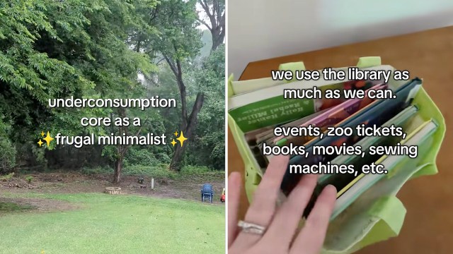 A collage of a backyard with trees and a close-up of a basket filled with library materials and tickets.