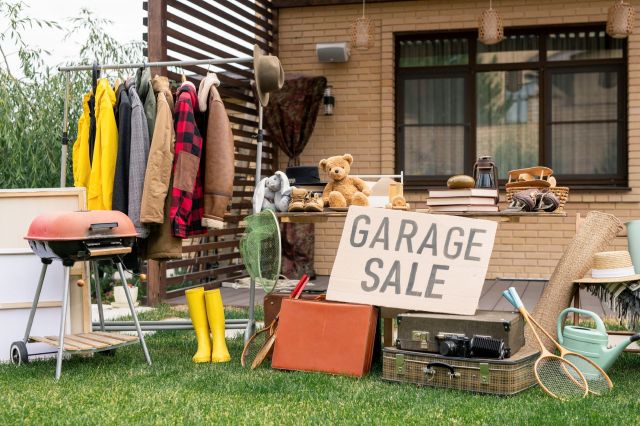 A variety of items for sale at a garage sale.
