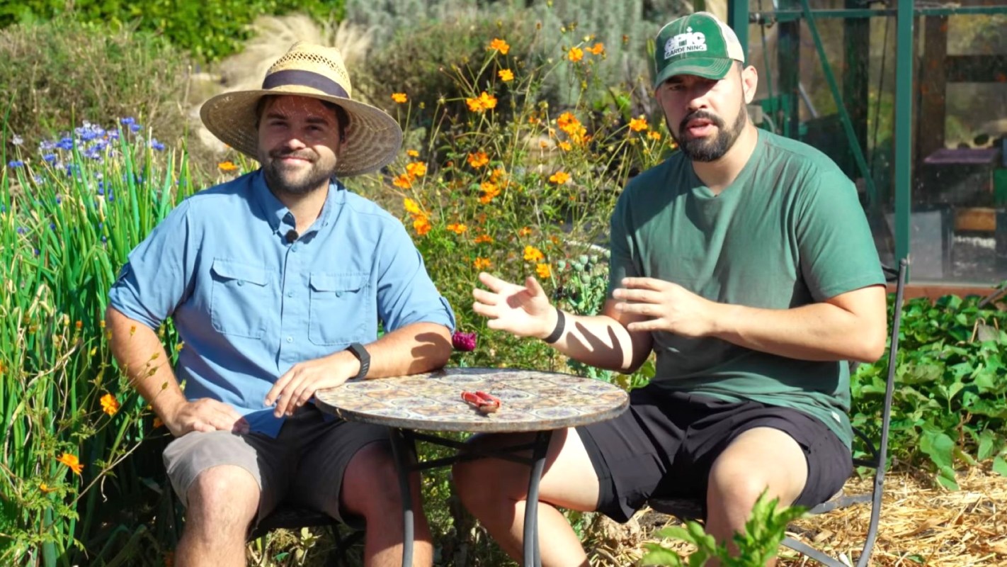 Two men sit at a table in a garden filled with colorful flowers, discussing and gesturing animatedly.