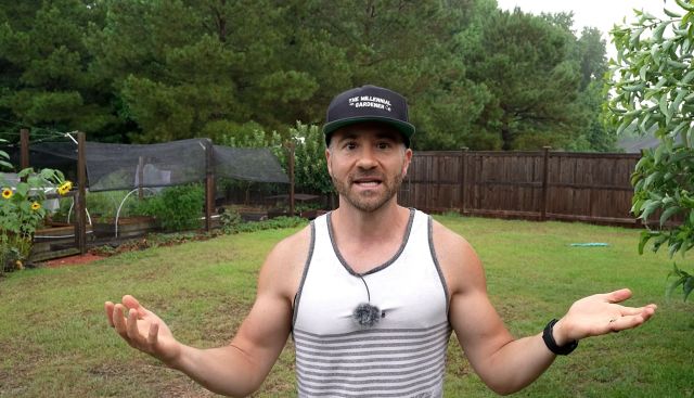 A gardener standing in a yard.