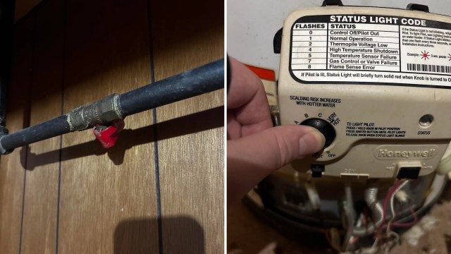 A hand adjusts the temperature dial of a water heater alongside a valve with a red handle.