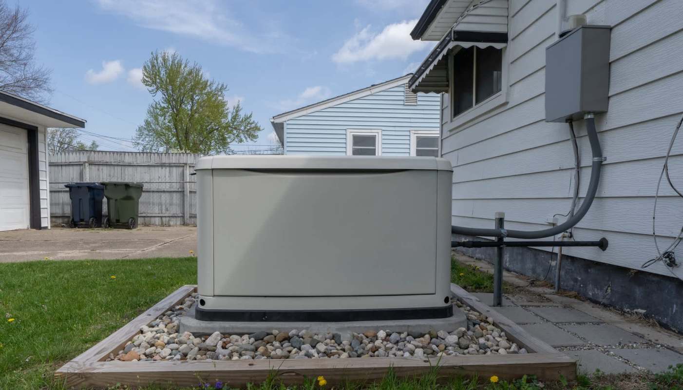 A generator positioned beside a house on a gravel bed, with a wooden border and nearby garbage bins.