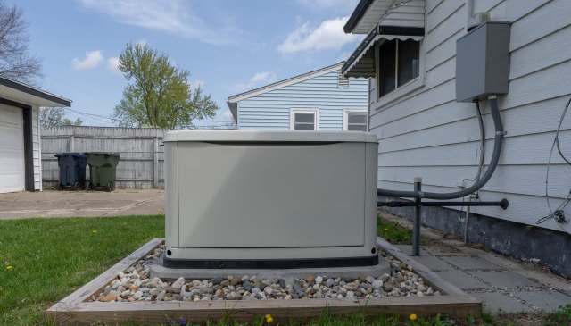 A generator positioned beside a house on a gravel bed, with a wooden border and nearby garbage bins.