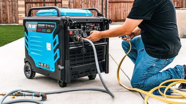 A person kneels beside a blue inverter generator, connecting hoses on a concrete surface.