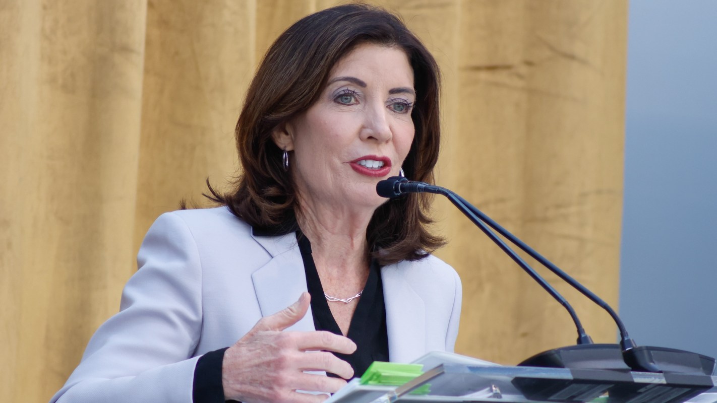 Gov. Kathy Hochul speaking at a podium.