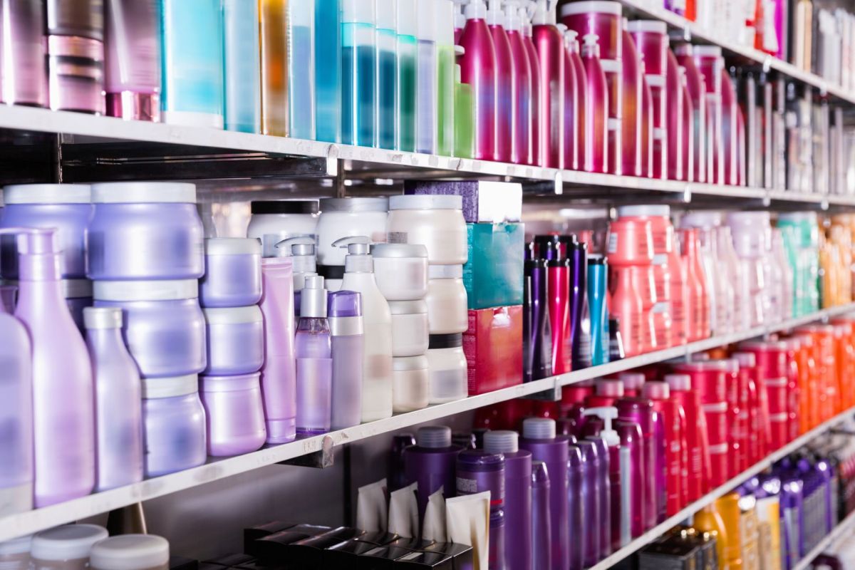 Hair products on a store's shelves.