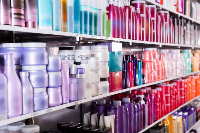 Hair products on a store's shelves.