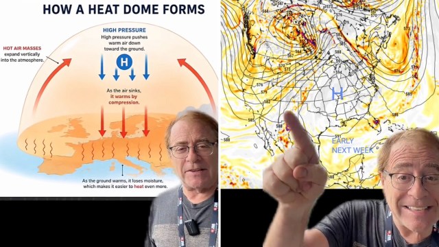 A presenter explains how heat domes form, showing an infographic and a U.S. weather map with high-pressure systems.