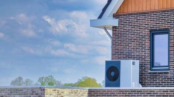 A heat pump installed outside of a home.