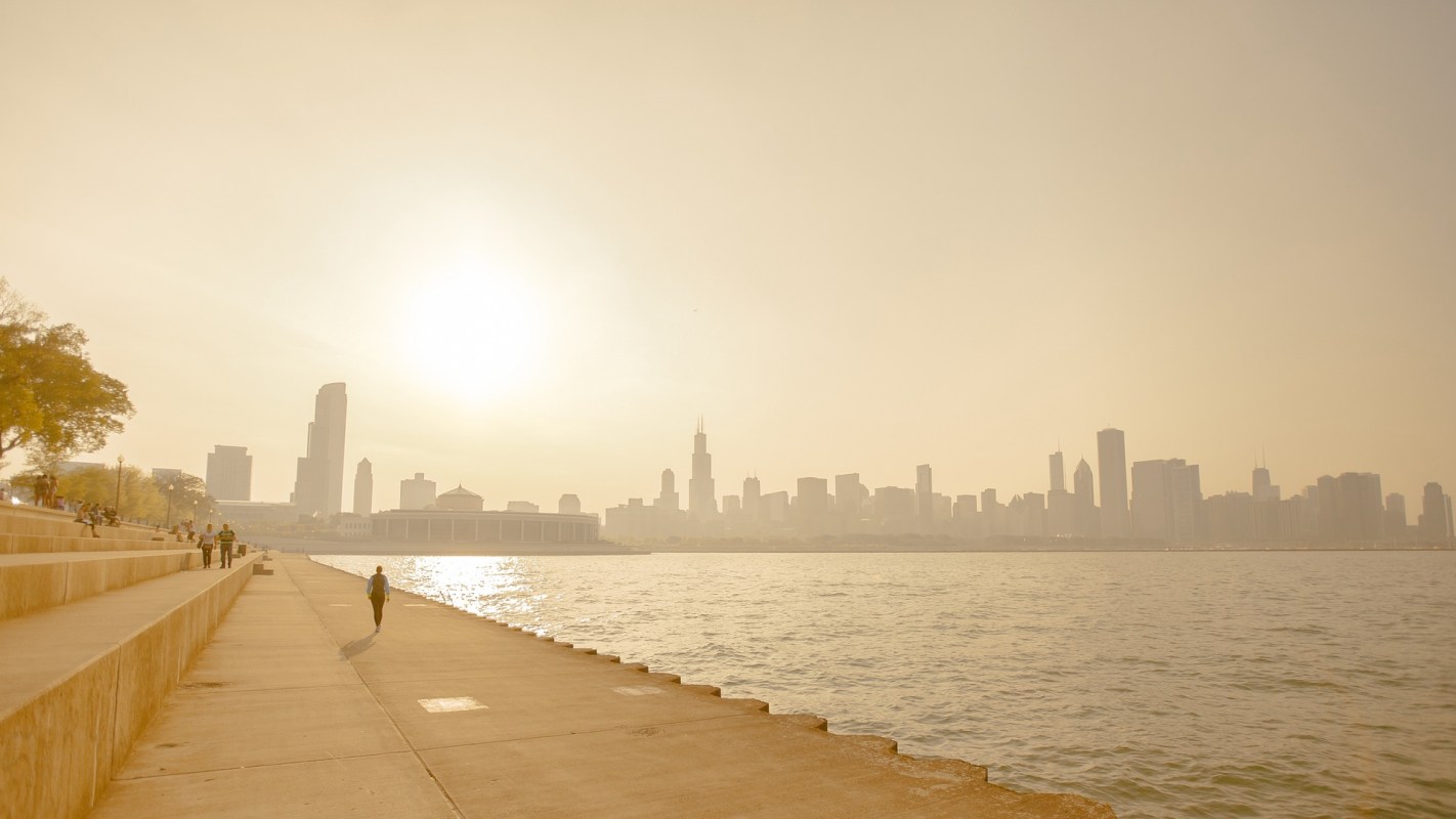 The Chicago skyline on a hazy day.