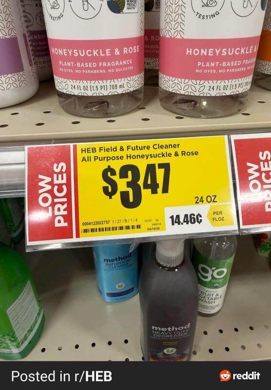 A "Low Prices" tag for all-purpose cleaner at $3.47.