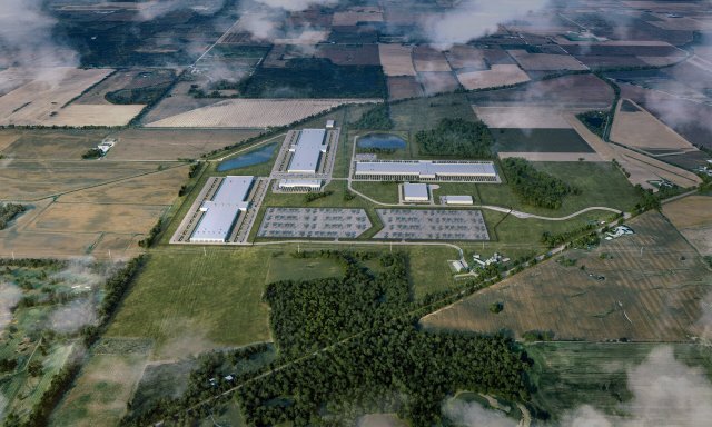 An aerial view of a large industrial complex.