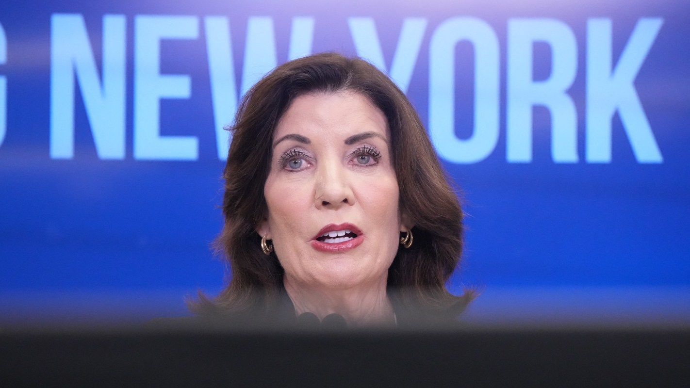 Gov. Kathy Hochul speaking at a press conference.
