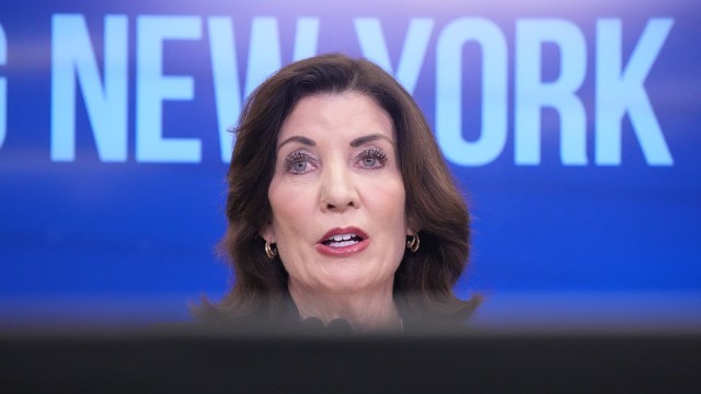 Gov. Kathy Hochul speaking at a press conference.