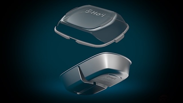 A futuristic product design featuring two variants of a sleek, transparent container with "Ho'i" branding.