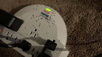A power strip covered in small ants on a carpeted surface.