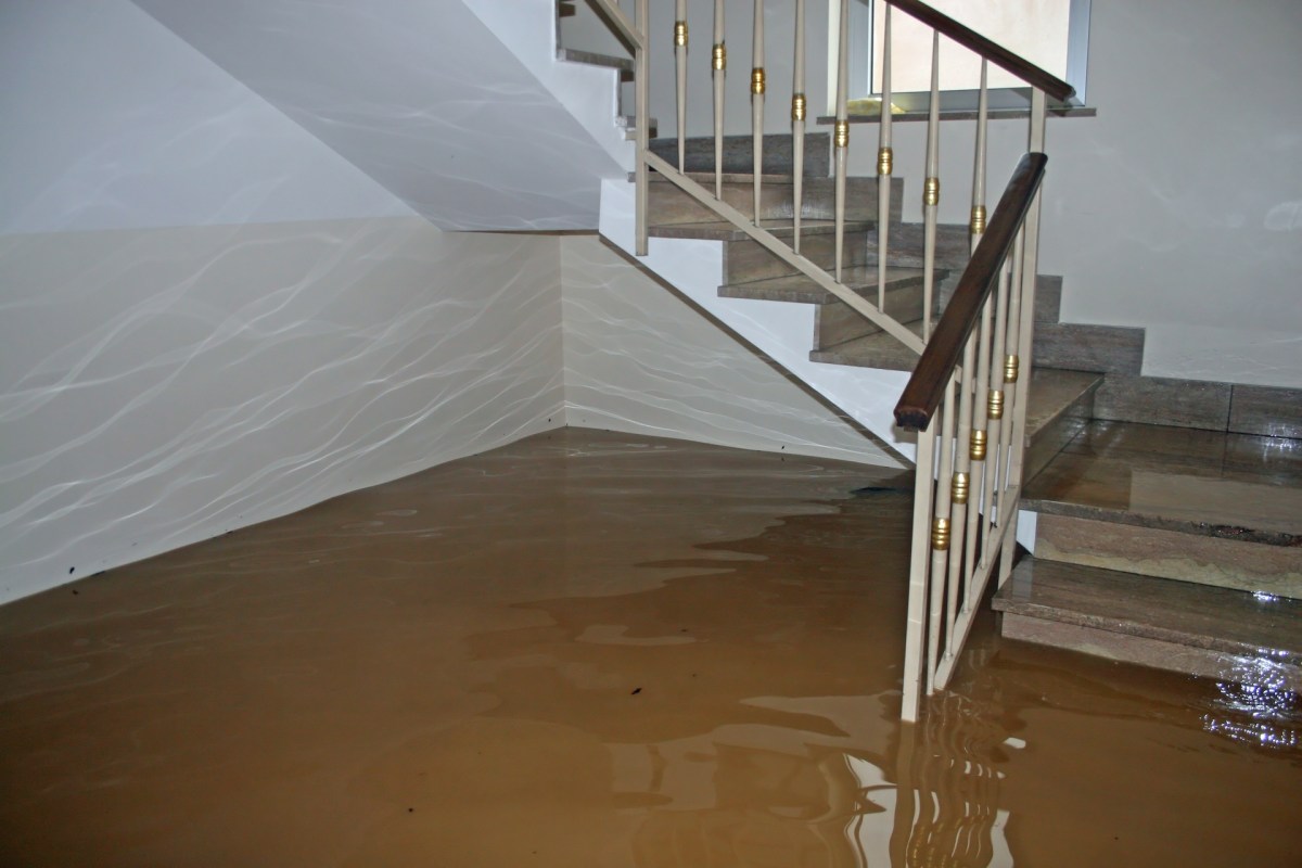 Water covers the floor of a staircase, with reflections visible on the surface and light walls surrounding it.