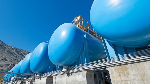 A row of reverse osmosis tanks at a desalination plant.