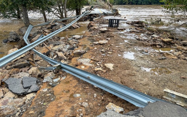 A road with flood damage.