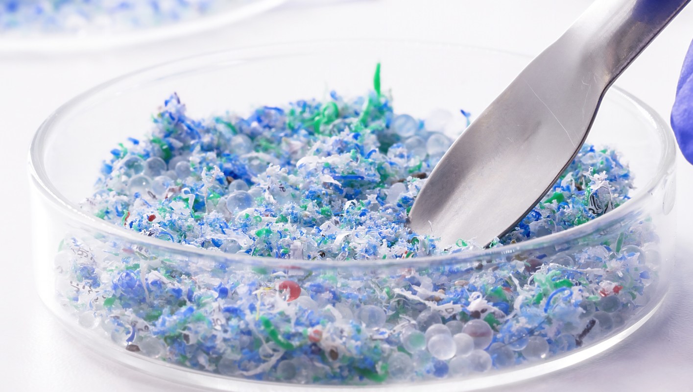 A petri dish filled with mixed blue, green, and transparent plastic particles being examined with a spatula.