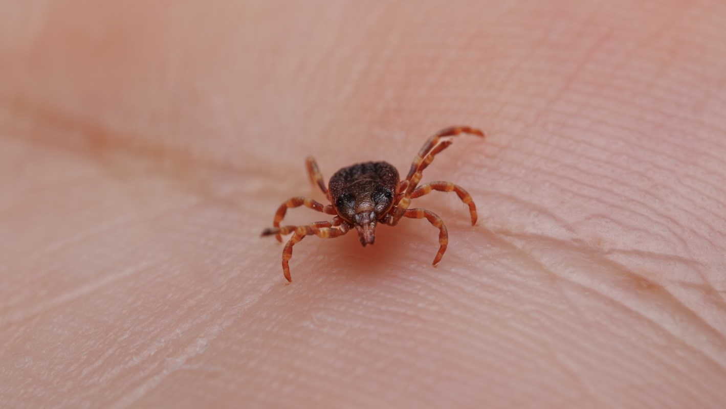 A close-up of a tick crawling on a person's fingertip.