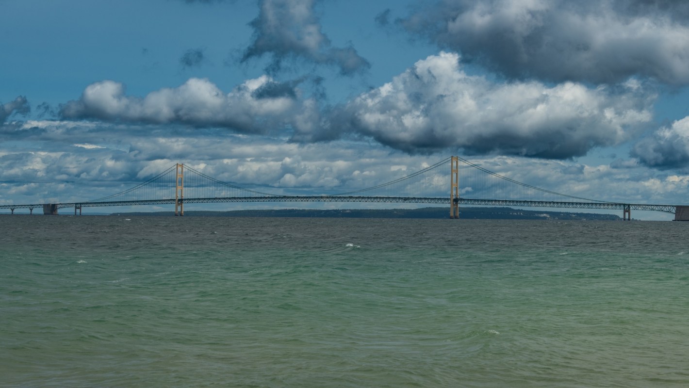 A suspension bridge over water.