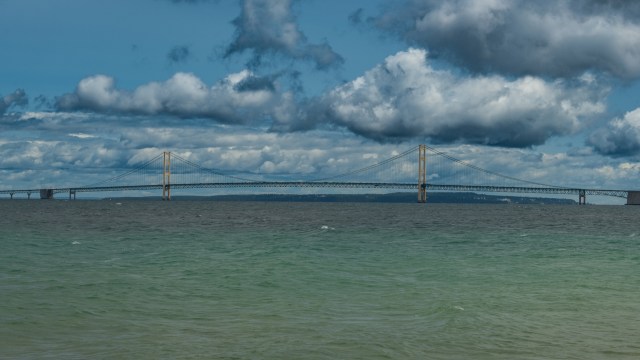 A suspension bridge over water.