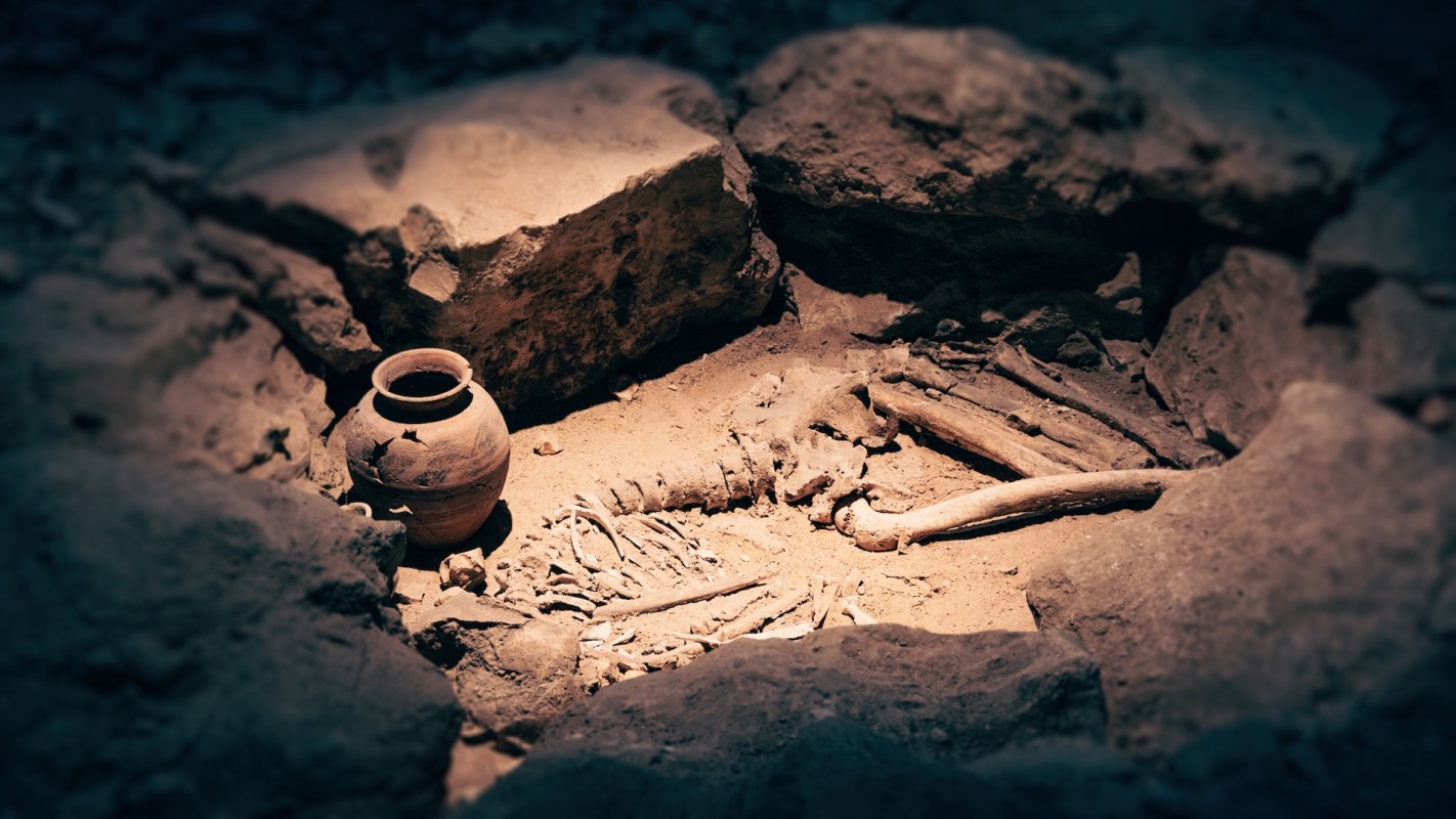 An archeological site with human remains.