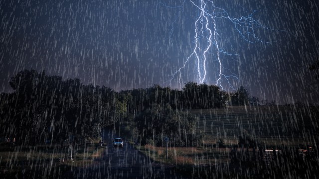Torrential rain with lightning.