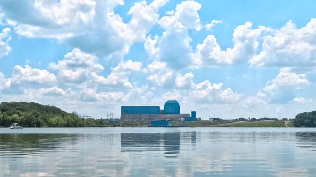 A nuclear power plant near a lake.