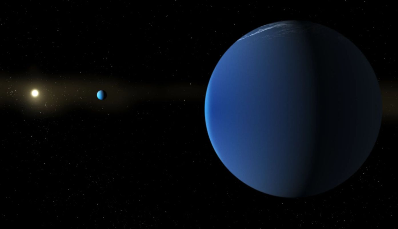 A blue planet orbits a star in a dark space filled with distant stars.